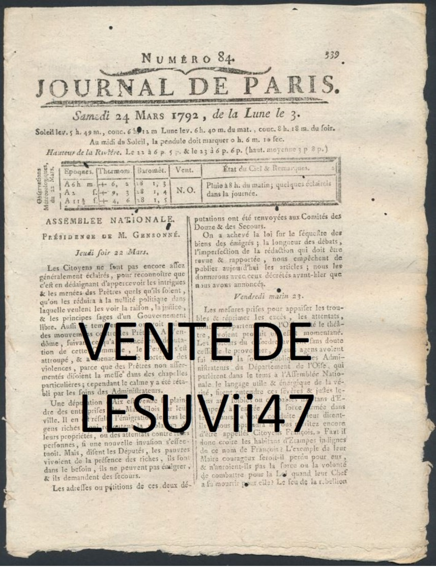 PARIS  " JOURNAL DE PARIS & LA GAZETTE DE PARIS ", PENDANT LA REVOLUTION.