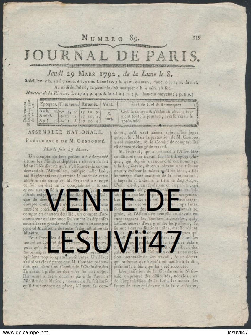 PARIS  " JOURNAL DE PARIS & LA GAZETTE DE PARIS ", PENDANT LA REVOLUTION.