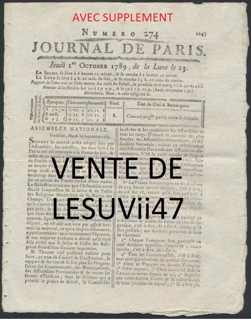 PARIS  " JOURNAL DE PARIS & LA GAZETTE DE PARIS ", PENDANT LA REVOLUTION.