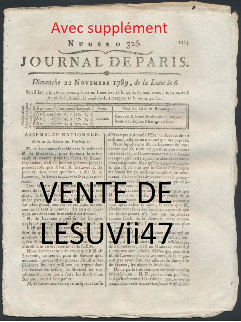 PARIS  " JOURNAL DE PARIS & LA GAZETTE DE PARIS ", PENDANT LA REVOLUTION.