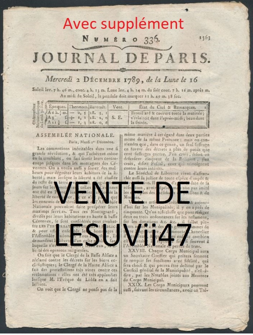 PARIS  " JOURNAL DE PARIS & LA GAZETTE DE PARIS ", PENDANT LA REVOLUTION.