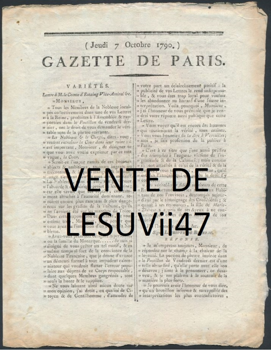 PARIS  " JOURNAL DE PARIS & LA GAZETTE DE PARIS ", PENDANT LA REVOLUTION.