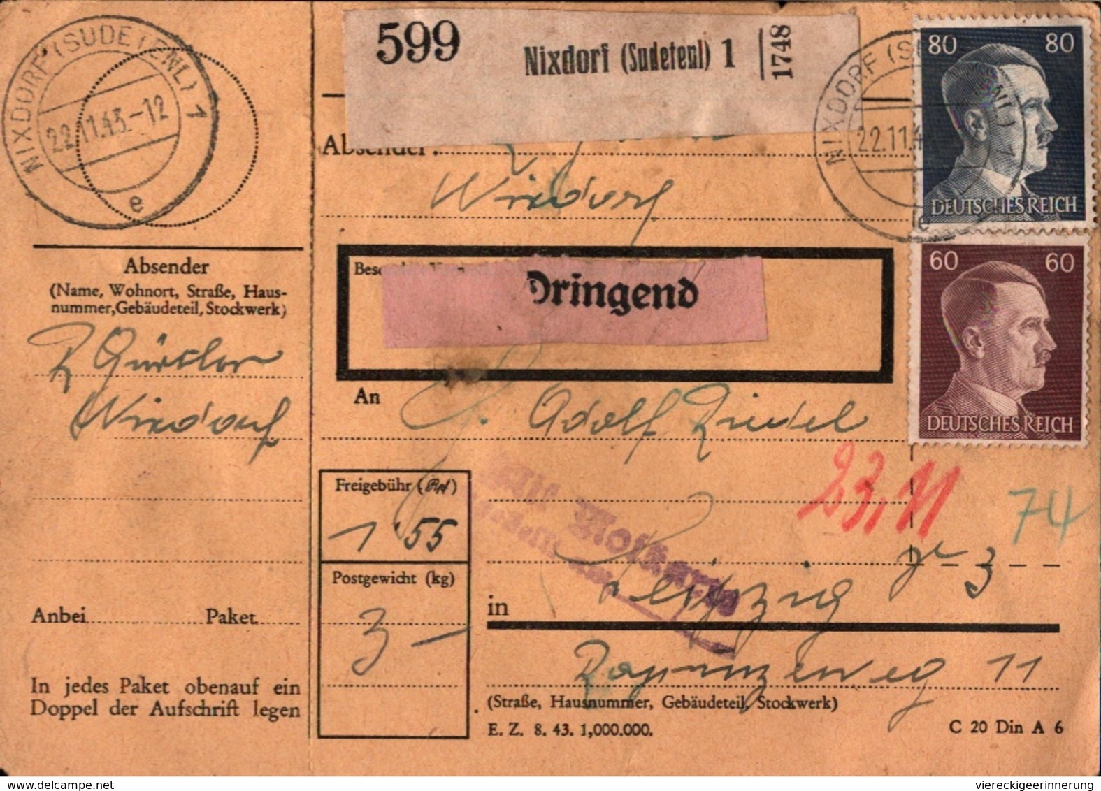 ! 1943 Paketkarte Deutsches Reich, Nixdorf, Sudetenland - Other & Unclassified