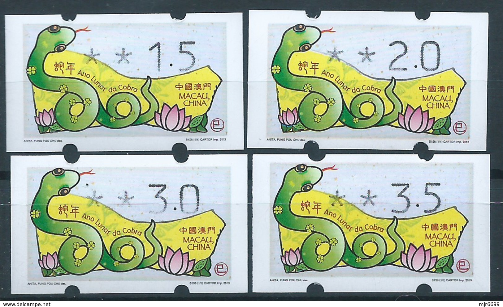 MACAU 2013 ZODIAC YEAR OF THE SNAKE ATM LABELS COMPLETE BOTTOM SET, KLUSSENDORF - Automaten