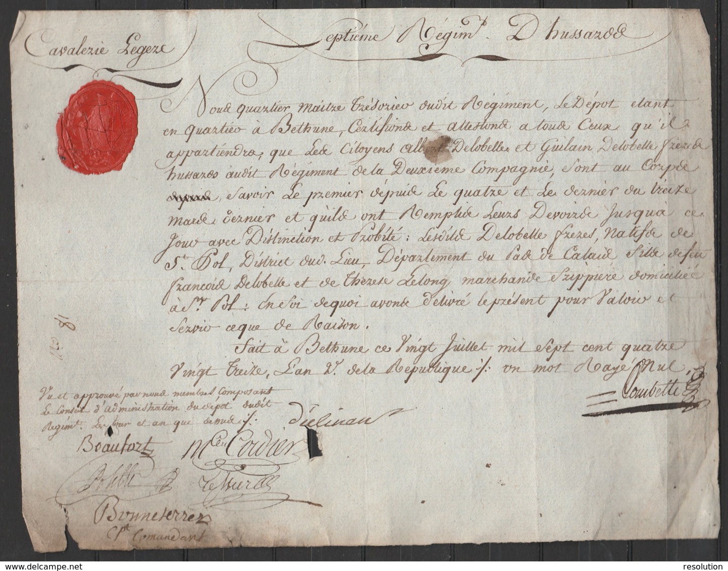 "Attestation De Bons Services" Du 7e Régiment D'Hussards (cavalerie Légère) Pour 2 Hussards - BETHUNE 20 Juillet 1793 - Documentos