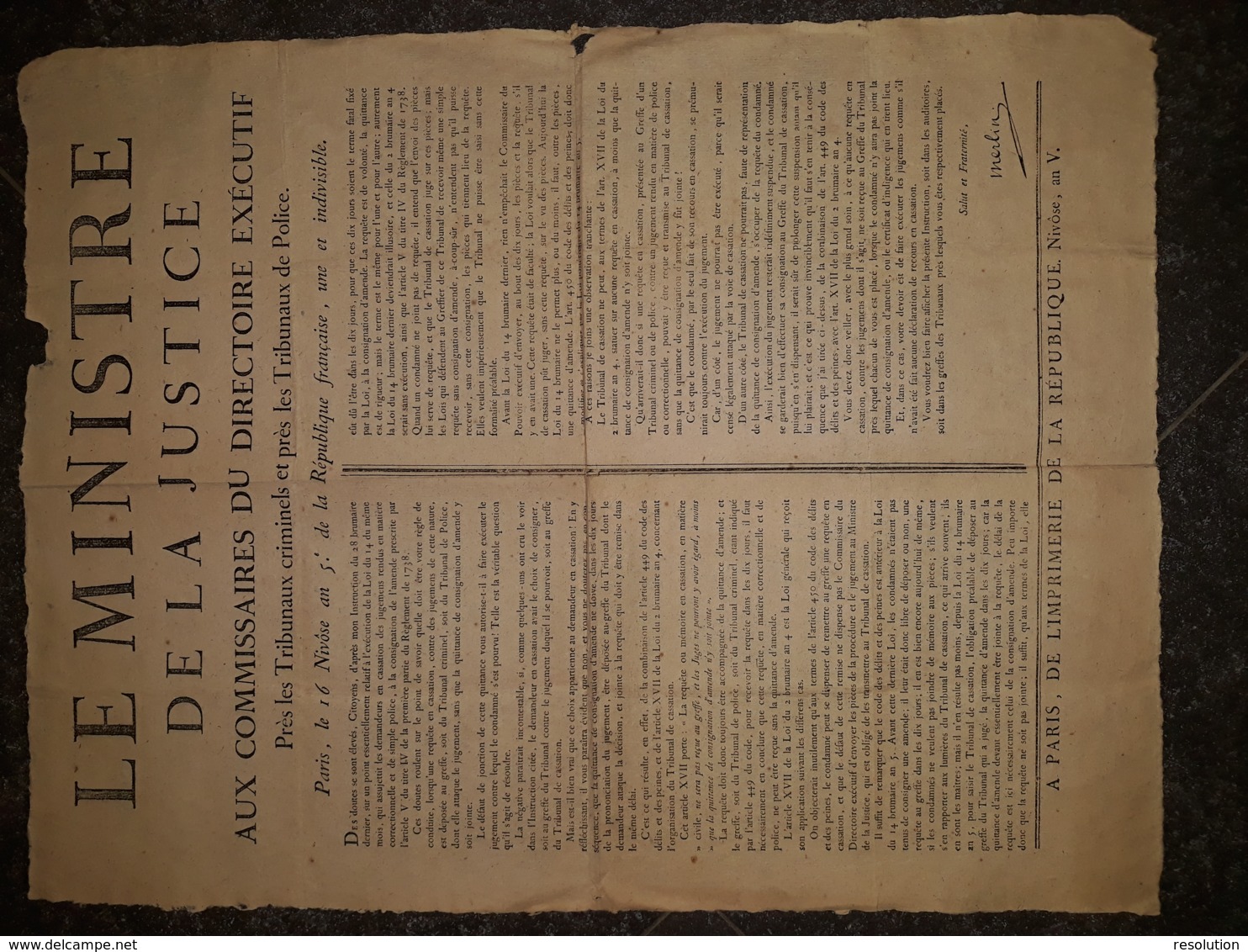 Avis Du Ministre De La Justice Aux Commissaires Du Directoire Exécutif, PARIS 16 Nivôse An 5 (1796) - Wetten & Decreten