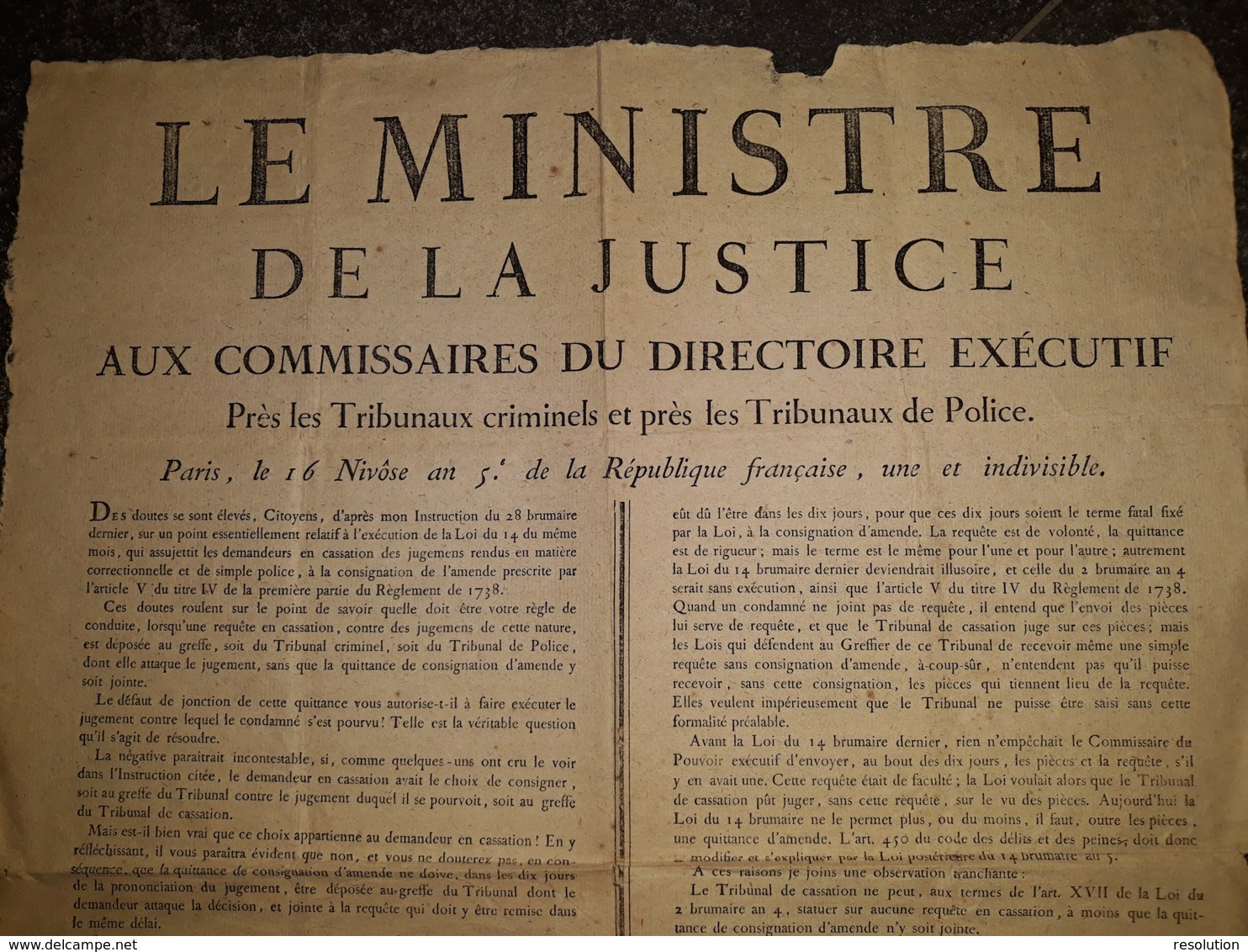 Avis Du Ministre De La Justice Aux Commissaires Du Directoire Exécutif, PARIS 16 Nivôse An 5 (1796) - Wetten & Decreten