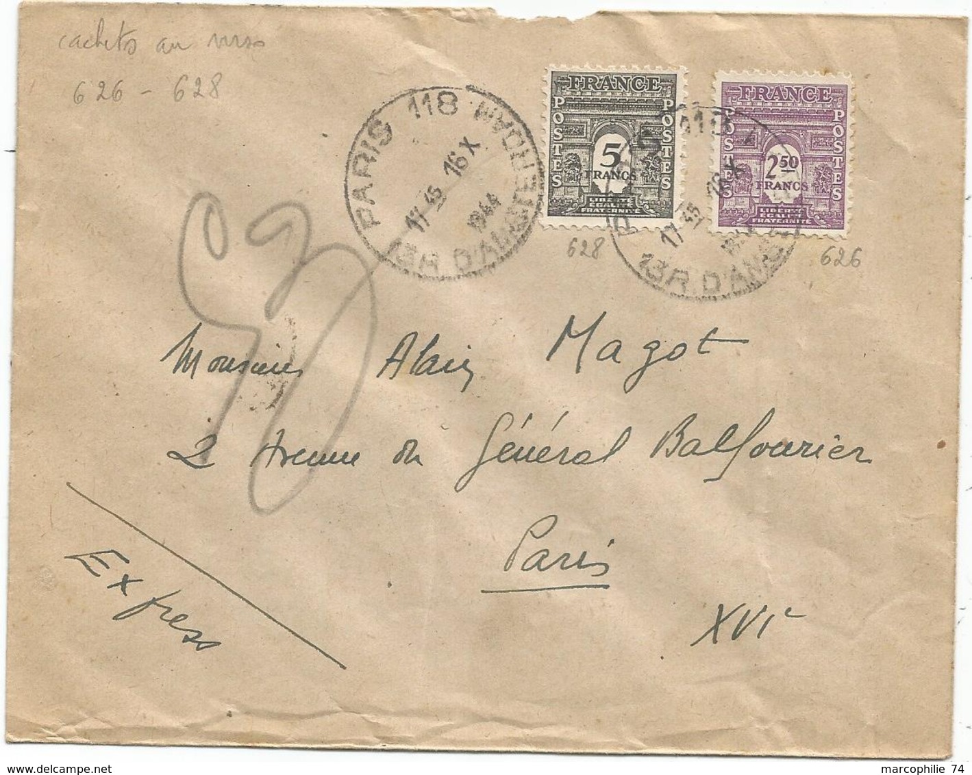 ARC TRIOMPHE  5FR+2FR50 LETTRE EXPRES PARIS 118 16.X.1944 POUR PARIS AU TARIF AFFR RARE - 1944-45 Arco Del Triunfo