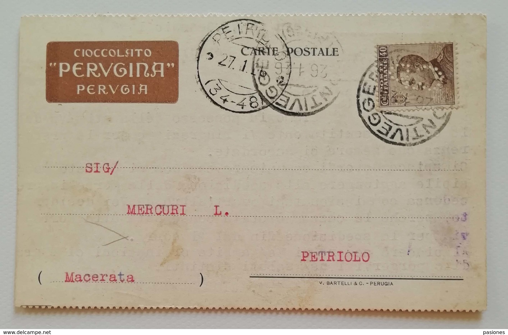 Cartolina Postale Cioccolato Perugina Per Petriolo - 26/1/1926 PERFIN - Storia Postale