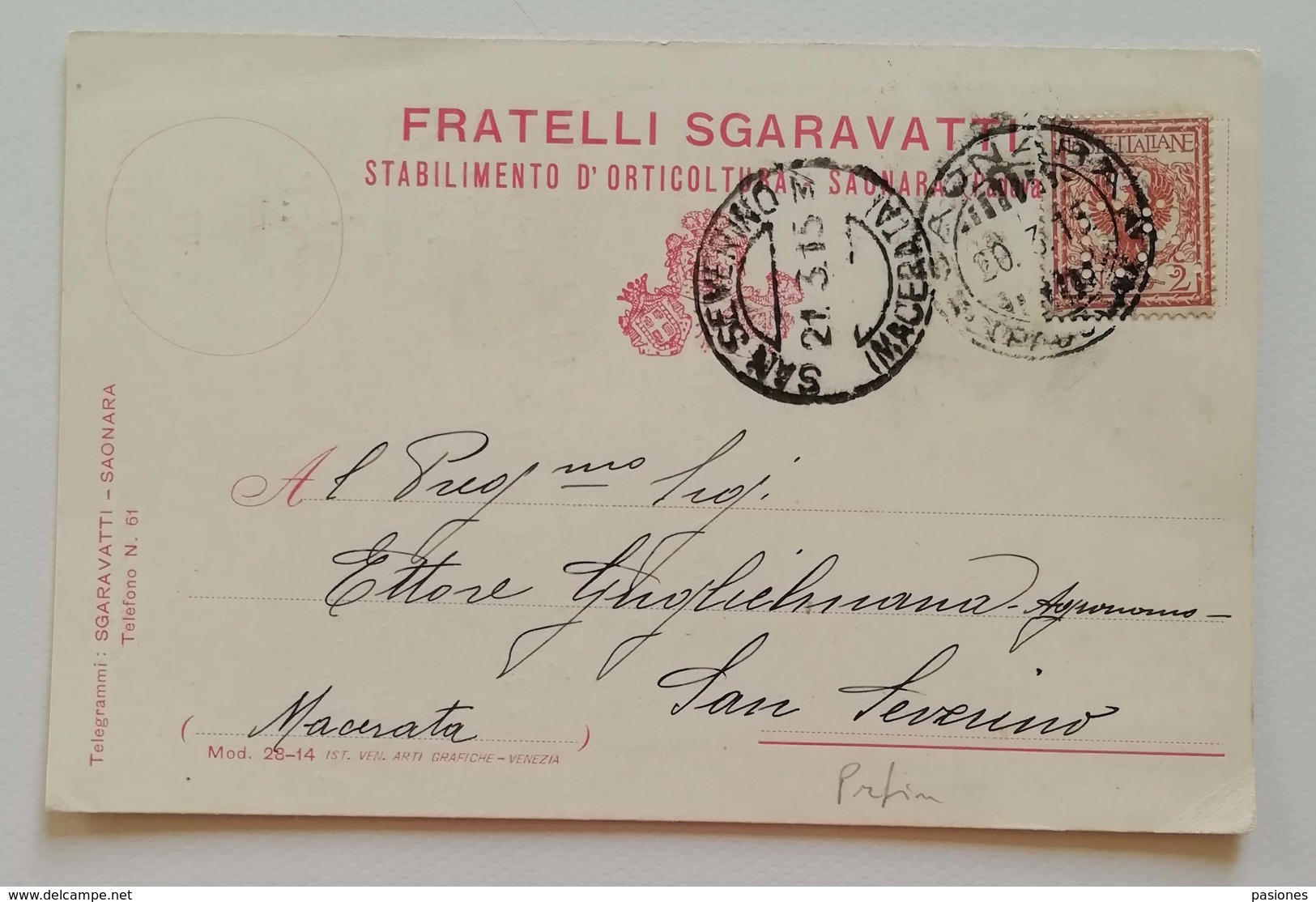 Cartolina Postale Fratelli Sgaravatti Saonara Per San Severino - 20/03/1915 PERFIN - Storia Postale