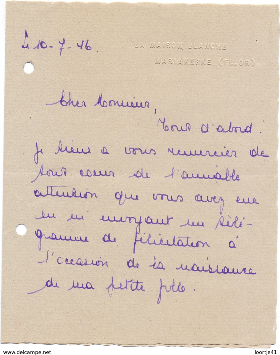 Brief Lettre - H. Story - La Maison Blanche - Mariakerke Bij Gent - 1946 - Zonder Classificatie