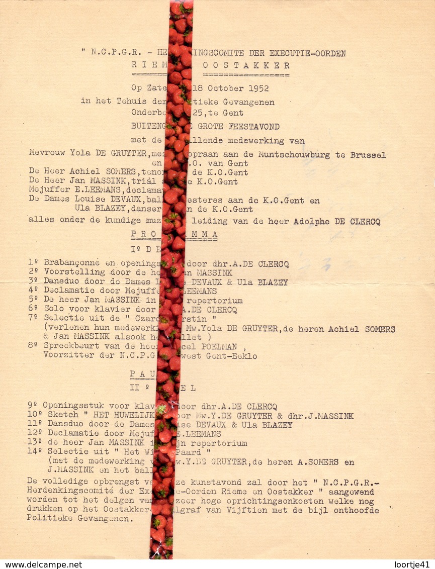 Brief Lettre - Politieke Gevangenen Gent Eeklo - Programma Herdenking Executie Oorden Rieme & Oostakker 1952 - Programs