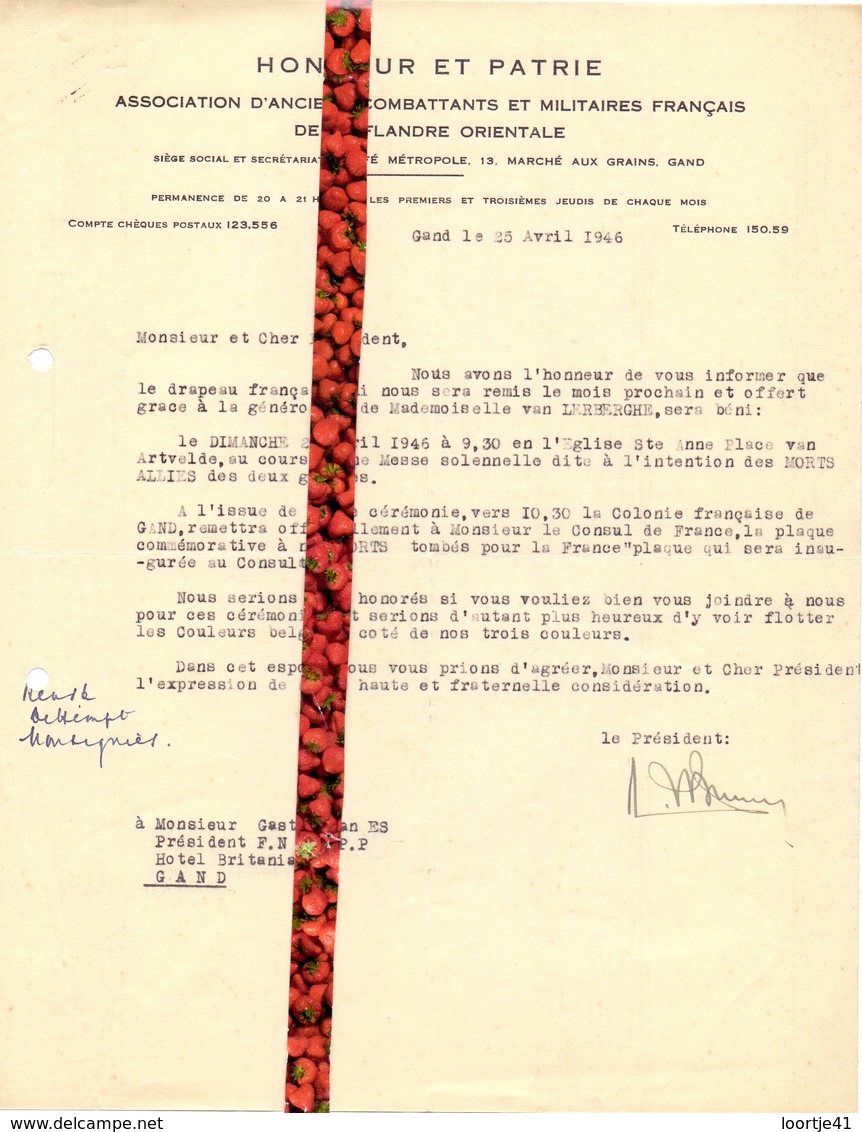 Brief Lettre - Honneur Et Patrie - Anciens Combattants & Militaires Françaises , Fl. Orientale Gand Gent - 1946 - Zonder Classificatie