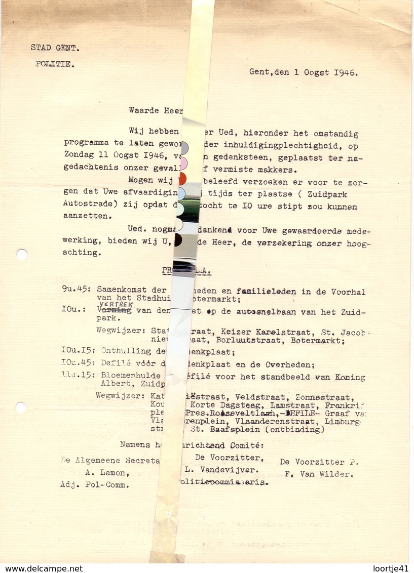 Brief Lettre - Politie Stad Gent - Inhuldiging Gedenksteen Gevallenen  - Programma Gent 1946 - Zonder Classificatie
