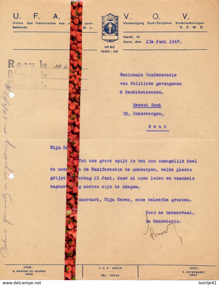 Brief Lettre - Gent - UFAC - VOV - Vereniging Oud Strijders 1940 - 1945 - Brief 1947 - Zonder Classificatie