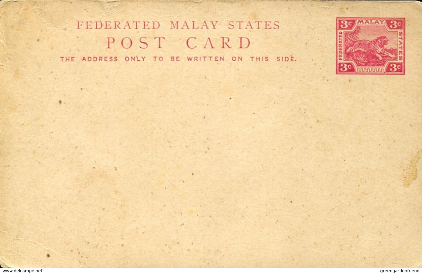 49712 Federated Malay States Post Card 3c. Showing A Tiger - Félins