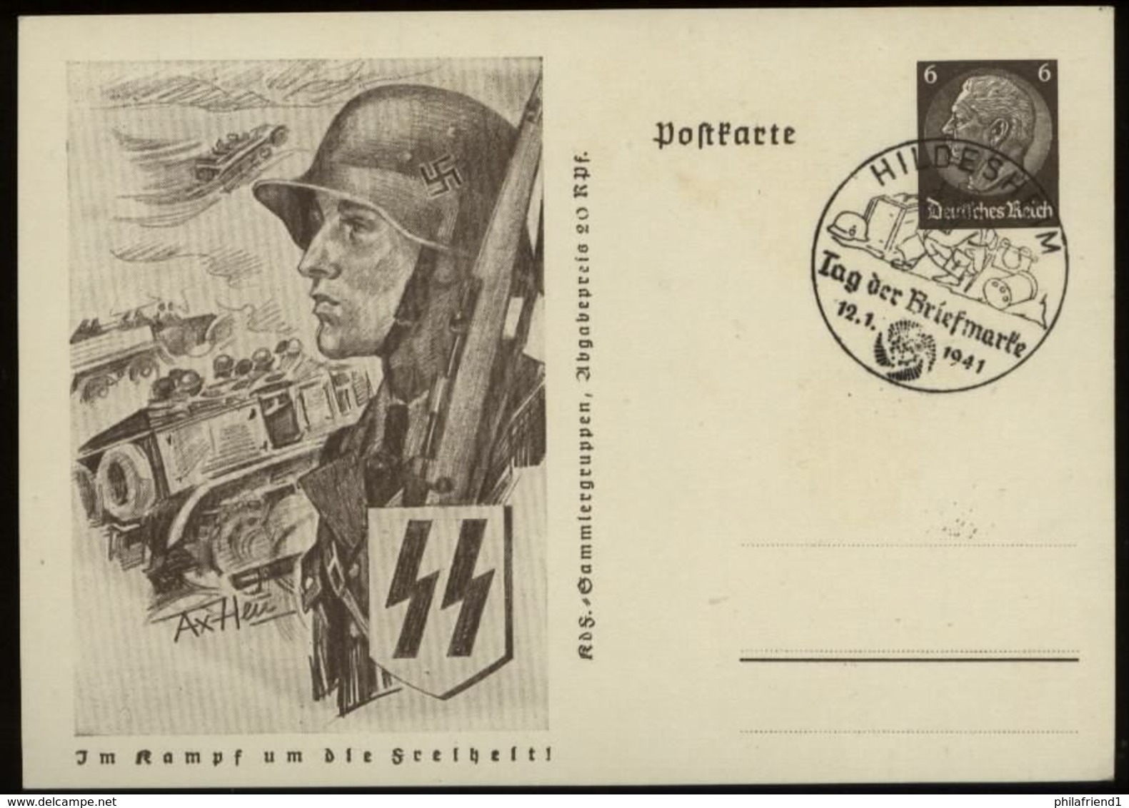 P1022 - DR GS Postkarte Waffen SS Soldat: Gebraucht Mit Tag Der Briefmarke Sonderstempel Hildesheim 1941 - Storia Postale