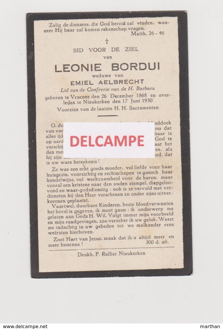 DOODSPRENTJE BORDUI LEONIE WEDUWE AELBRECHT VRASENE NIEUWKERKEN 1868 - 1930  Bewerkt Tegen Kopieren - Images Religieuses