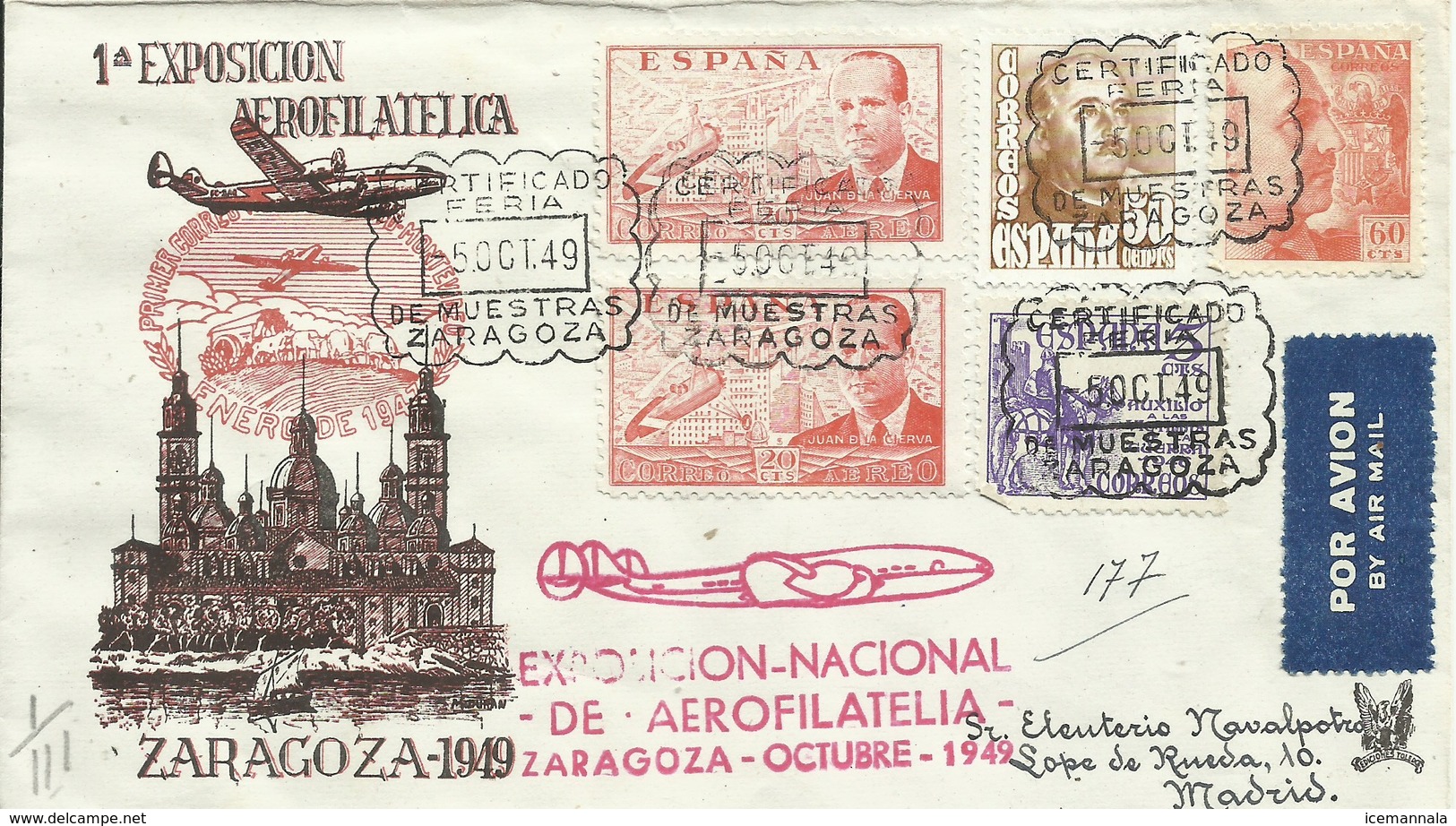 ESPAÑA, SOBRE CONMEMORATIVO  1ª  EXPOSICION  AEROFILATELICA  ZARAGOZA   AÑO  1949 - Covers & Documents