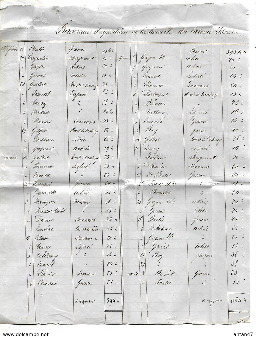Bordereau Double Expédition Houille Bateau ISAAC 1856 / 39 DOLE /  C. CUISENIER Pour Salines De GROZON Vers Arbois - 1800 – 1899