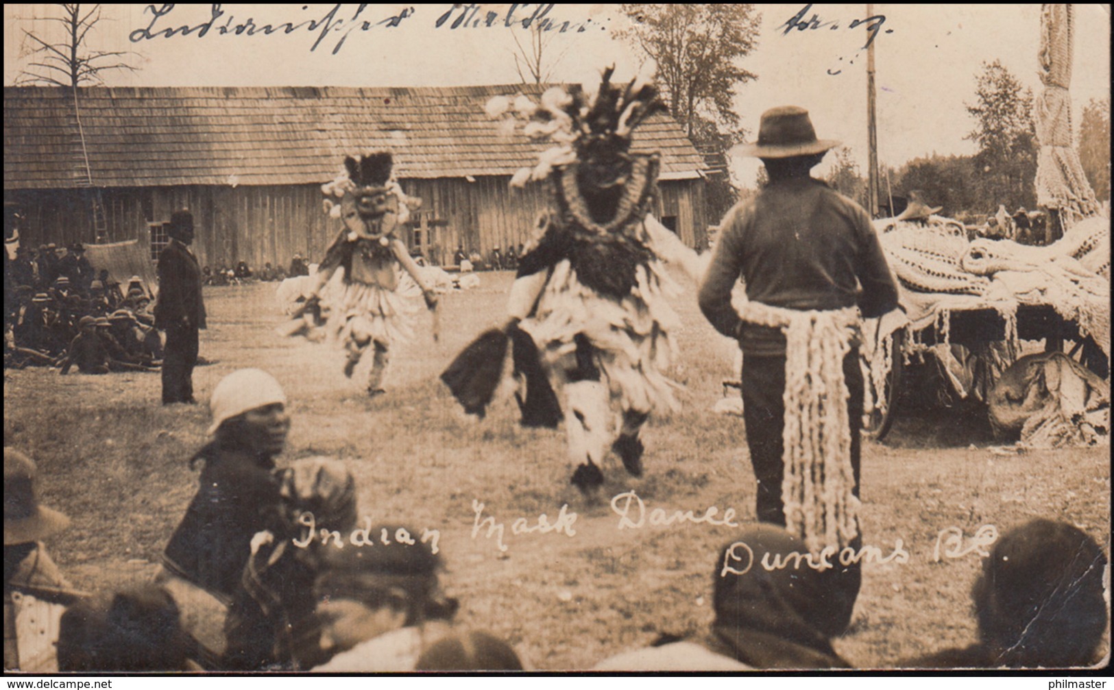 Foto-AK British Columbia Indianischer Masken-Tanz, HAGAN 4.11.1910 Nach Aachen - Kostüme