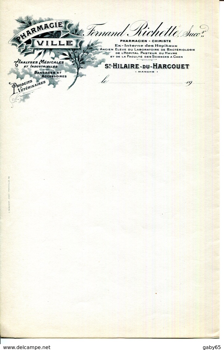 50.MANCHE.SAINT HILAIRE DU HARCOUET.PHARMACIE VILLE,FERNAND RICHETTE SUCC.PHARMACIEN-CHIMISTE.FACTURETTE. - Drogerie & Parfümerie