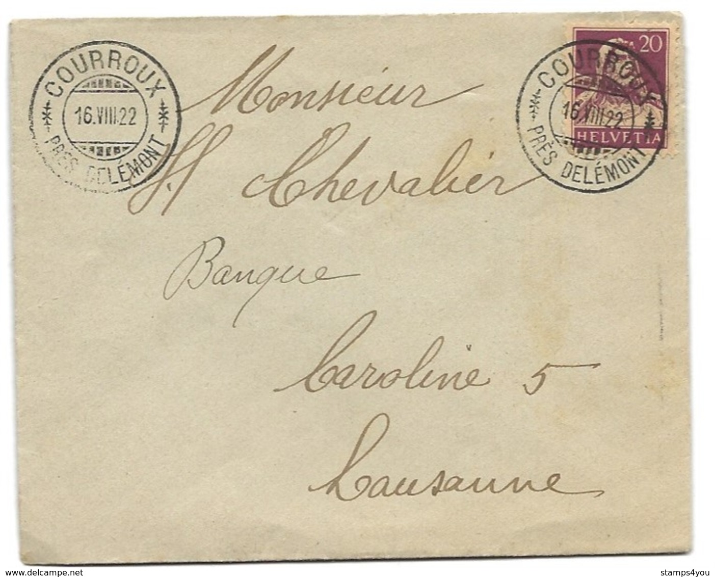 I - 41 - Enveloppe Avec Superbes Cachets à Date "CVourroux Près Delémont 1922" - Storia Postale