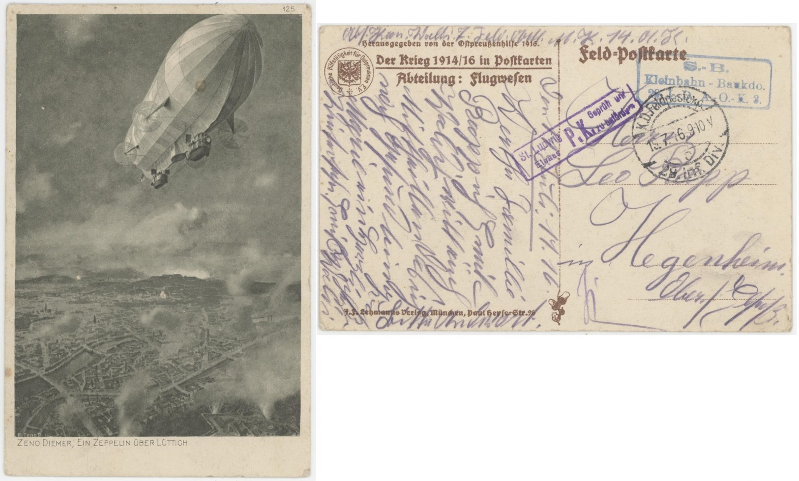 Zeno Diemer, Ein Zeppelin über Lüttich Liège Feldpostkarte Der Krieg 1914/16 Censure St.Ludwig,St.Louis  S.B. Kleinbahn - Andere & Zonder Classificatie