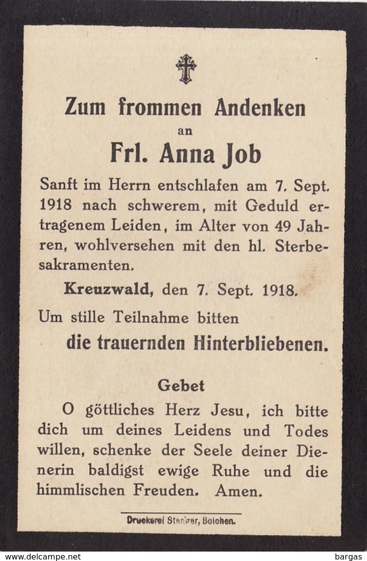 Faire Part Anna Job Kreuzwald 1918 - Obituary Notices