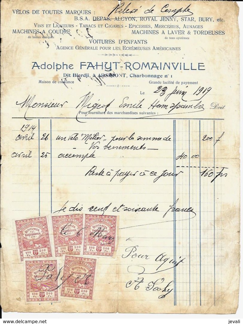 ARSIMONT   Adolphe Fahyt - Romainville  Dit Bierdji   ( Vélos , Voitures D'enfants , épicerie ,  ......) - Autres & Non Classés