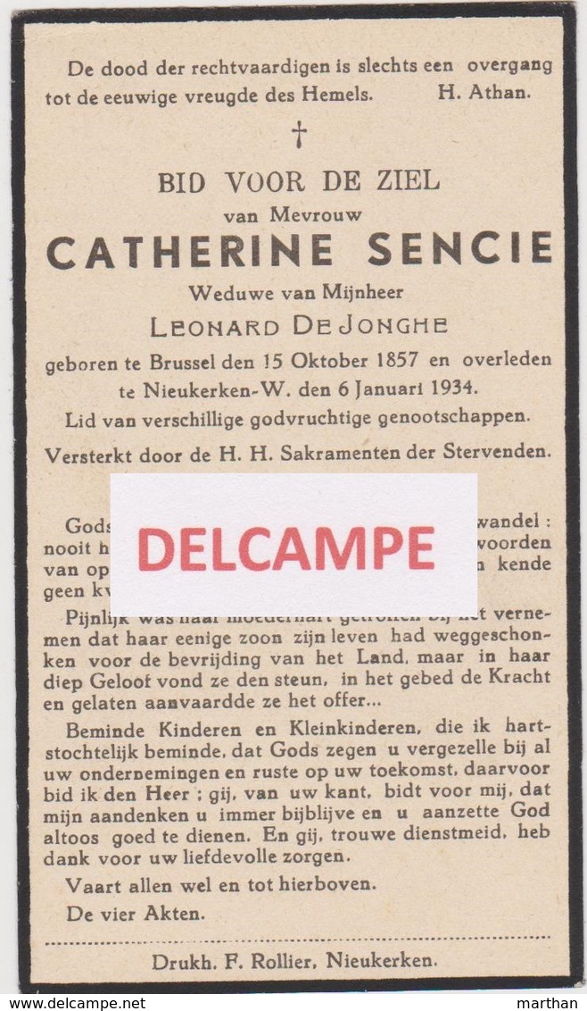 DOODSPRENTJE SENCIE CATHERINE WEDUWE DE JONGHE BRUSSEL NIEUWKERKEN-WAAS 1857 - 1944    Bewerkt Tegen Kopieren - Images Religieuses