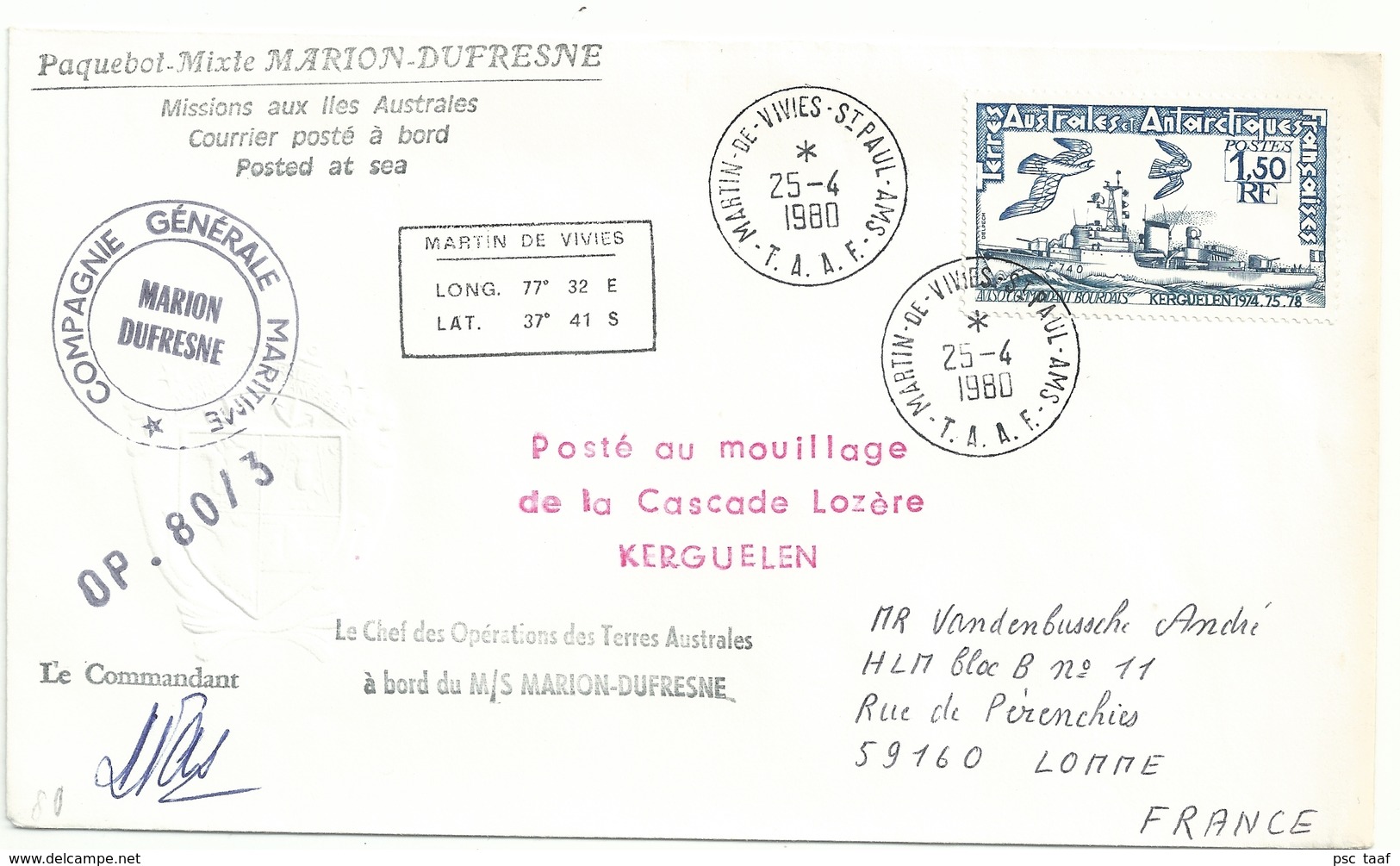 YT 80 Aviso Cdt Bourdais - Postée à Bord Du MD - Martin De Viviès - St Martin Admsterdam - 25/04/1980 - Storia Postale