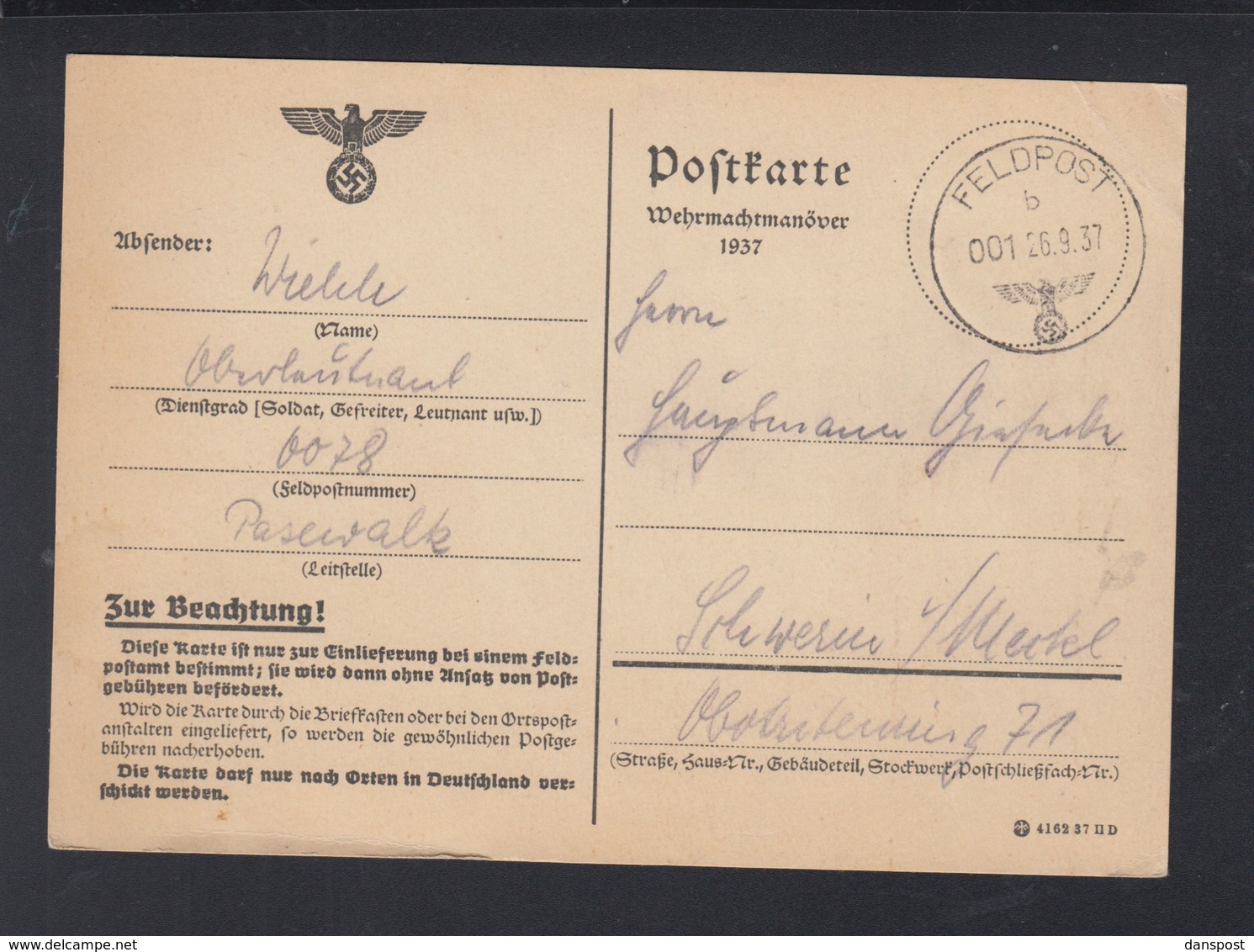 Dt. Reich Feldpost PK Wehrmachtmanöver 1937 Demmin Nach Schwerin - Covers & Documents