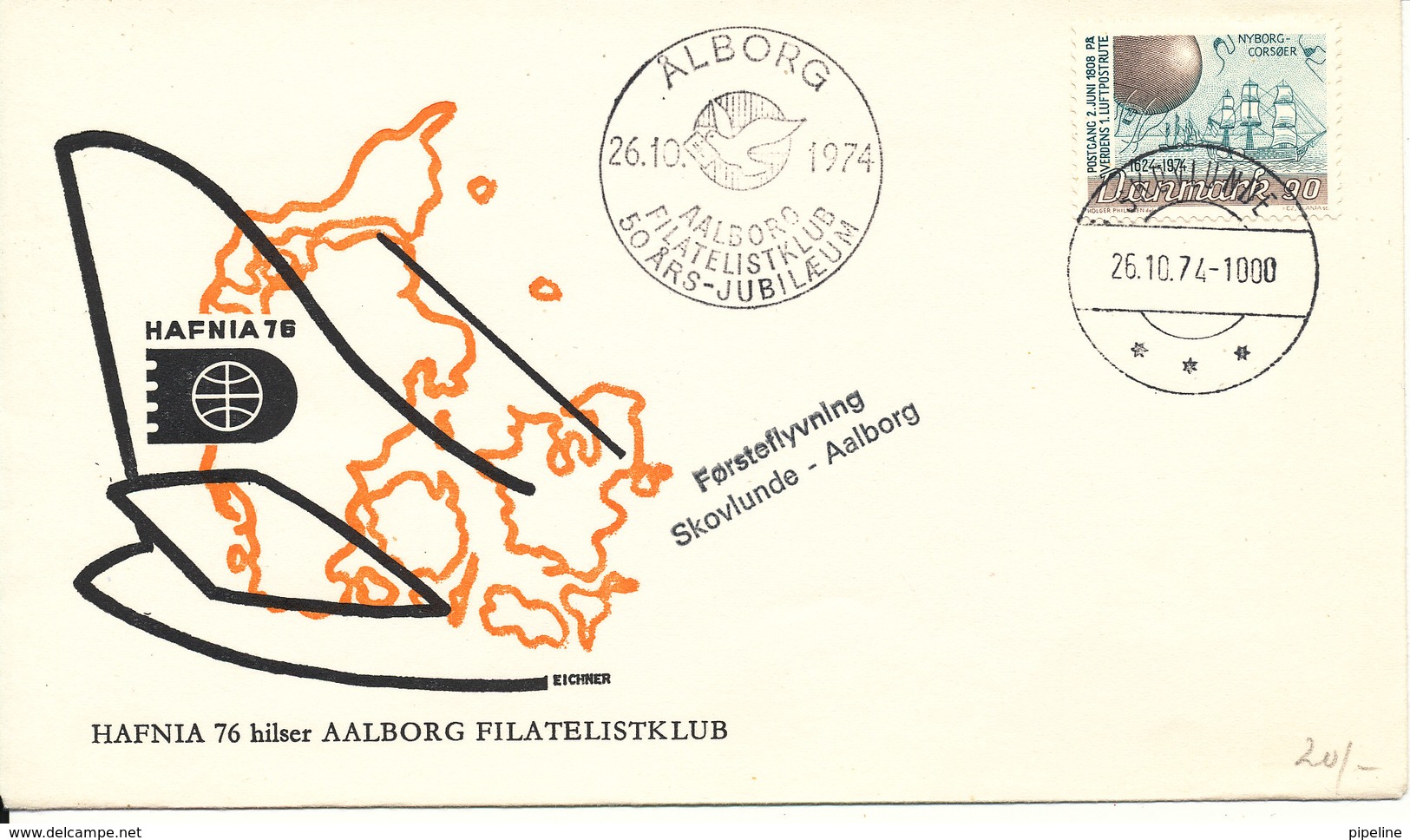 Denmark Cover First Flight Skovlunde - Aalborg 26-10-1974 Aalborg Filatelistklub 50th. Anniversary (Hafnia 76) - Covers & Documents