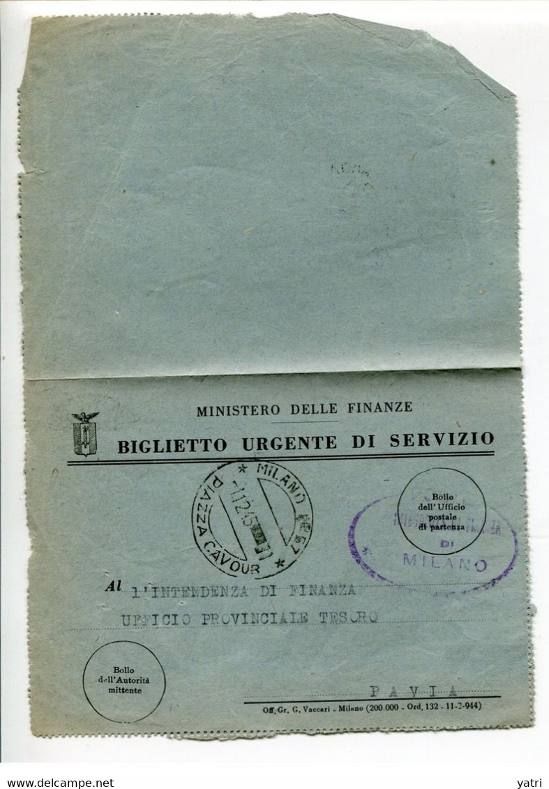 RSI (1944) - Biglietto Urgente Di Servizio - Tardivamente Usato In Luogotenenza - Storia Postale