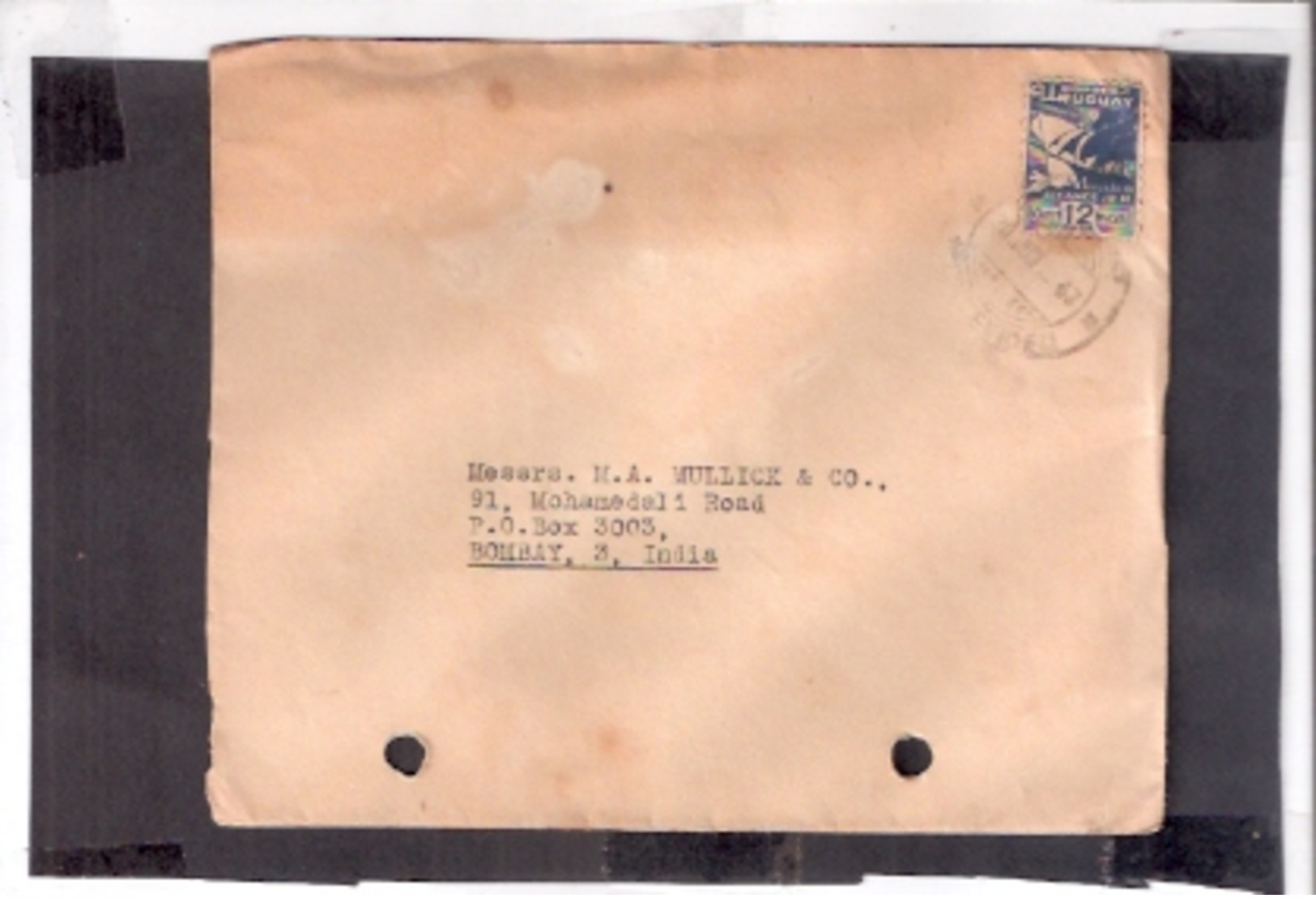 URUGUAY 1947 AIR MAIL TO INDIA YATCH SHIP SEA WAVES COVER 2048 PUNCH HOLE - Uruguay