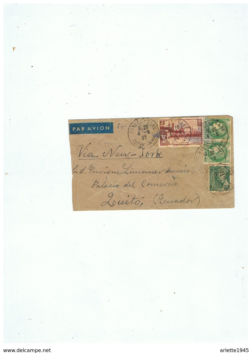 LETTRE AVION DEPART CANNES FRANCE Pour QUITO  EQUATEUR 1939 - Ecuador
