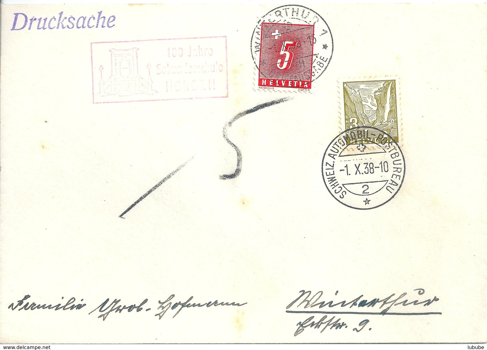 Taxierter Sonderstempel  "Horgen 100 Jahre Sekundarschule"        1938 - Covers & Documents