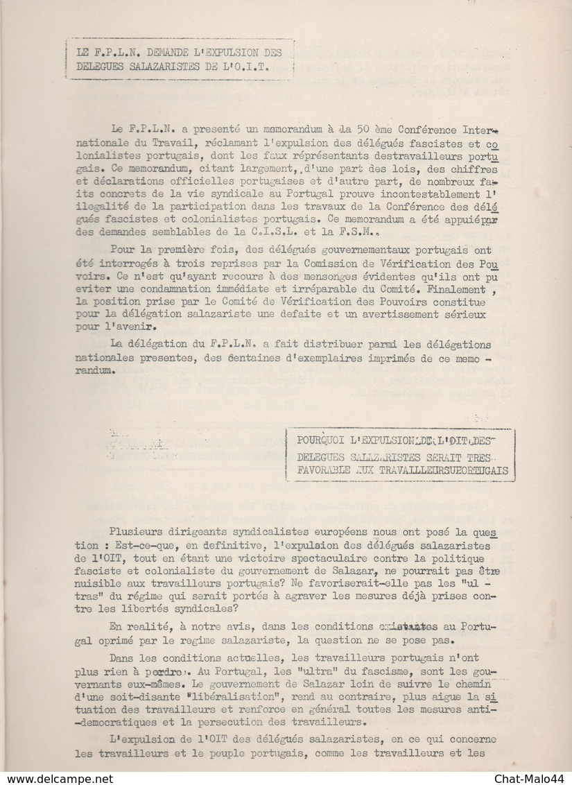 FPLN Portugal. Informations Syndicales, N°1 D'août 1966. Revue Agrafée De 8 Pages - Historical Documents