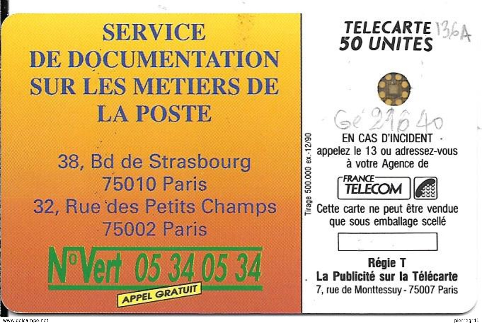 CARTE-PUBLIC-F-136A-1990-50U-SC4An-Trou 6-LA POSTE-Ile De France-5 Ge 21640-UTILISEE-  TBE-RARE - 1990