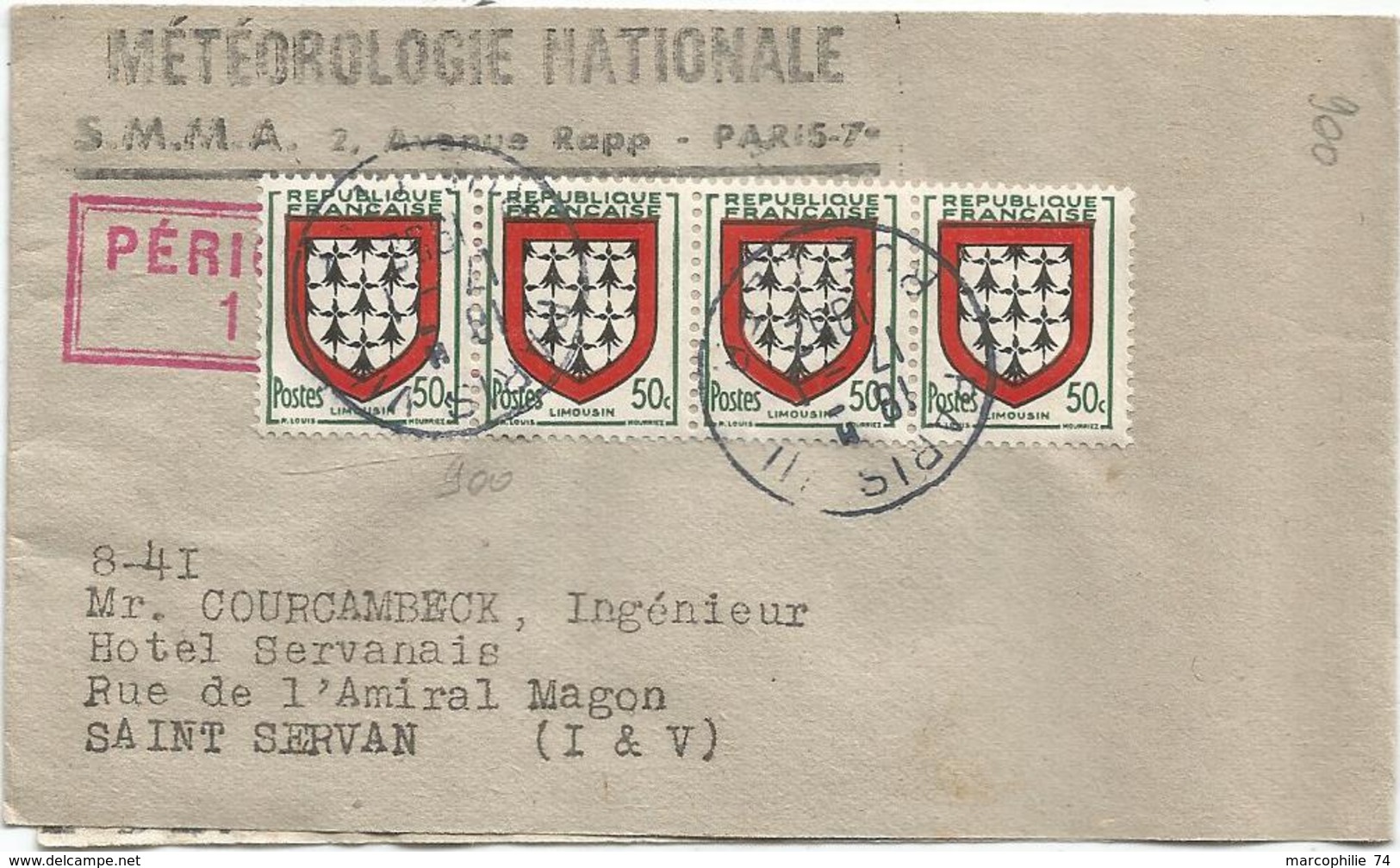 BLASON 50C BANDE DE 4 PETITE BANDE COMPLETE PARIS 1952 AU TARIF - 1941-66 Armoiries Et Blasons