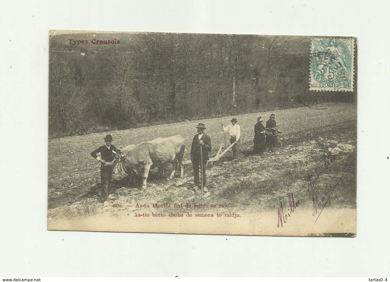 23 - TYPES CREUSOIS - As Tu Bientot Fini De Planter Ta Raie Animé Charrue Tractée Par Boeuf Bon état - Autres & Non Classés