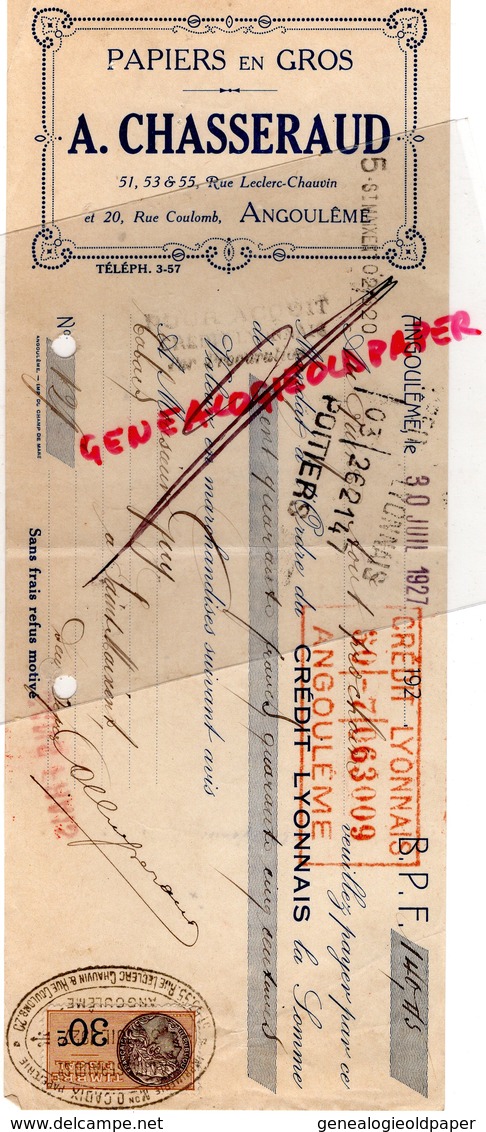 16 - ANGOULEME -TRAITE MANUFACTURE  PAPIERS PAPETERIE DEUIL IMPRIMERIE-A.CHASSERAUD -20 RUE COULOMB-1927 - Druck & Papierwaren