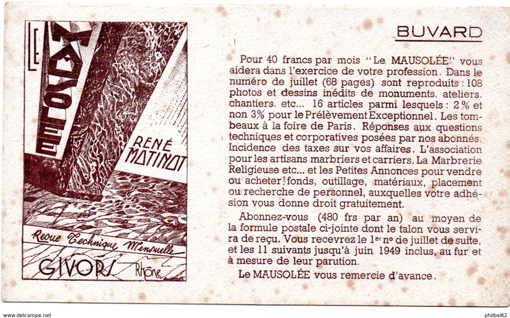 Buvard Le Mausolée, Revue Pour Marbriers. Givors Rhône. - Autres & Non Classés