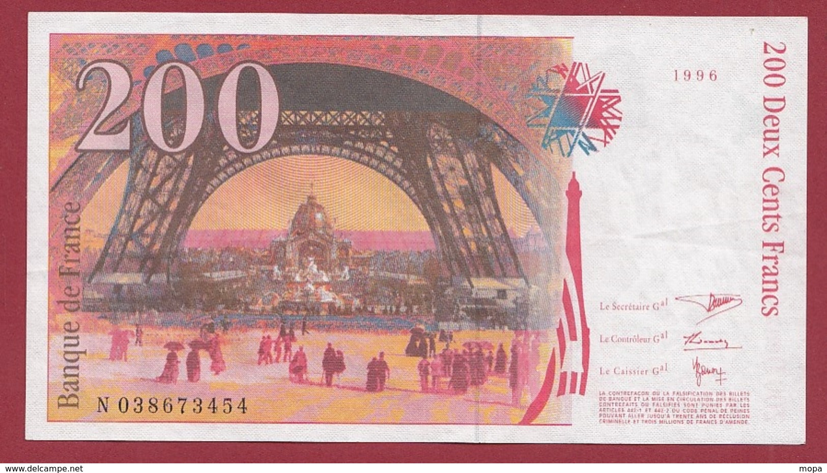200 Francs "Eiffel" 1996--VF/SUP---ALPH.N--Numéro .038673454 - 200 F 1995-1999 ''Eiffel''
