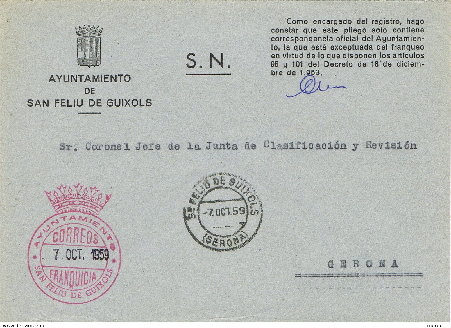 34977. Carta S.N. Franquicia Ayuntamiento SAN FELIU De GUIXOLS (Gerona) 1959. Fechador San Feliu - Brieven En Documenten
