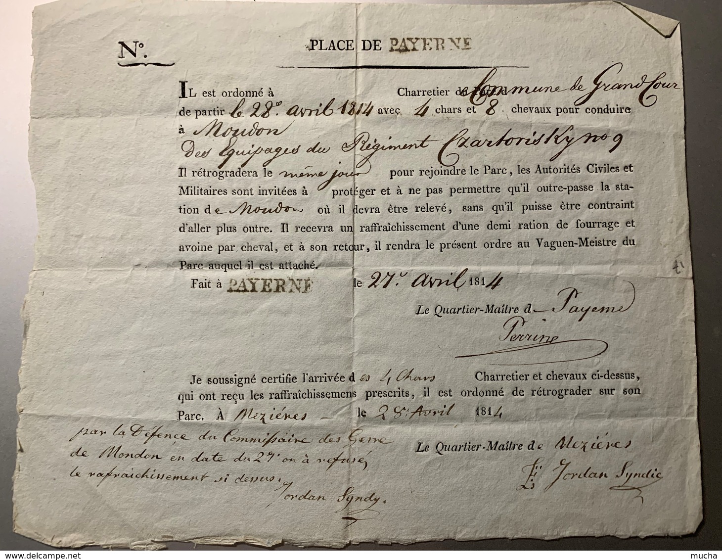 60001 - Ordre De Transport De Troupes Charretier De Commune De Grandcour Pour La Place De Payerne Suisse 27 Avril 1814 - Non Classés