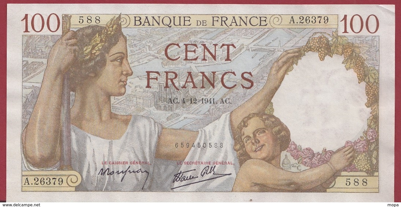 100 Francs "Sully " Du 04/12/1941.AC--VF/SUP ---ALPH.A.26379--AUCUN TROU D EPINGLE - 100 F 1939-1942 ''Sully''