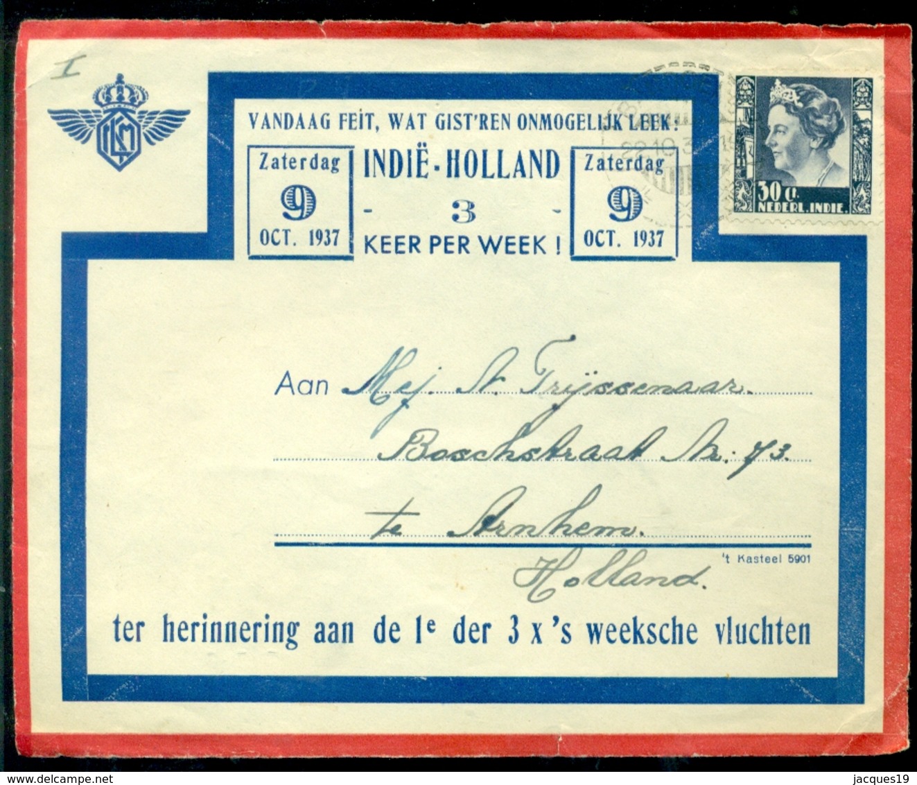 Nederlands Indie 1937 Voorkant Luchtpostenvelop 1e Der 3 X 's Weeksche Vluchten 22 Oktober 1937 VH C 129 A - Indes Néerlandaises