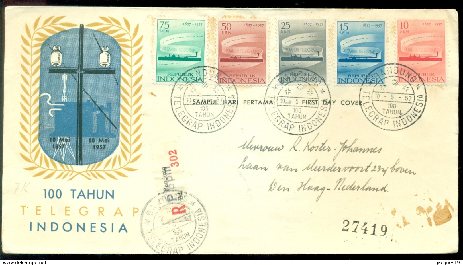 Indonesie 1957 Aangetekende FDC 100 Jaar Telegrafie - Indonesia
